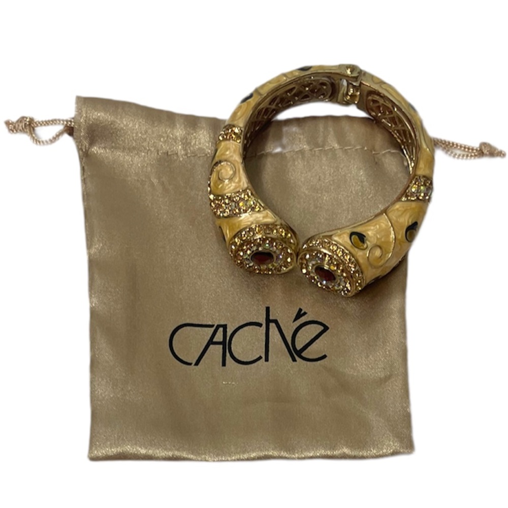 Caché Vintage Gold Bracelet Lustrous Enamel Crystal Gemstone Rare Ornate Bangle
